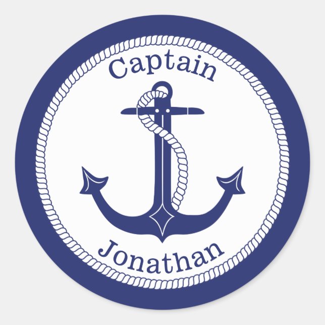Nautical Anchor Navy Captain Personalized Classic Round Sticker (Front)