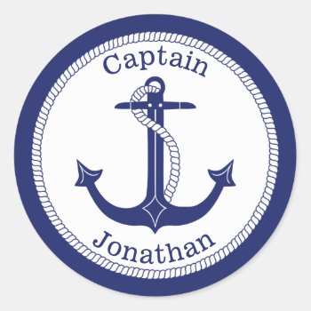 Nautical Anchor Navy Captain Personalized Classic Round Sticker by ilovedigis at Zazzle