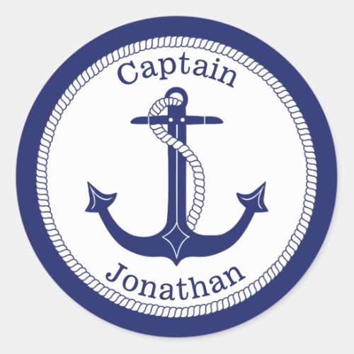 Nautical Anchor Navy Captain Personalized Classic Round Sticker