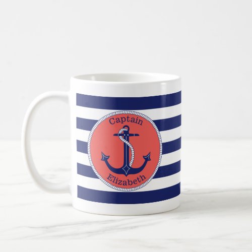 Nautical Anchor Navy  Coral Captain Personalized Coffee Mug