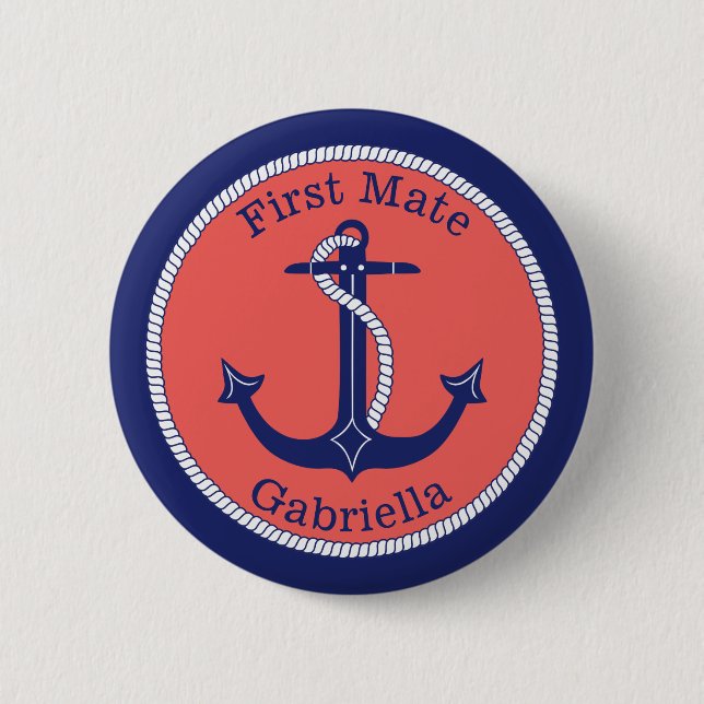 Nautical Anchor Navy Coral First Mate Personalized Button (Front)