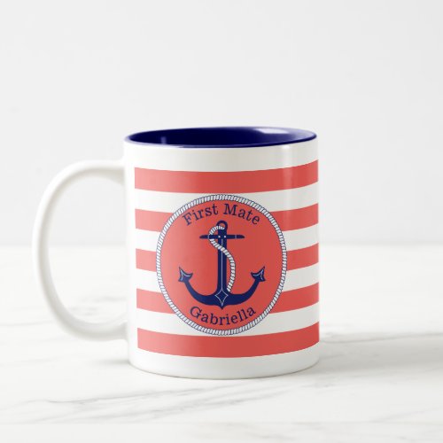 Nautical Anchor Navy Coral First Mate Personalized Two_Tone Coffee Mug