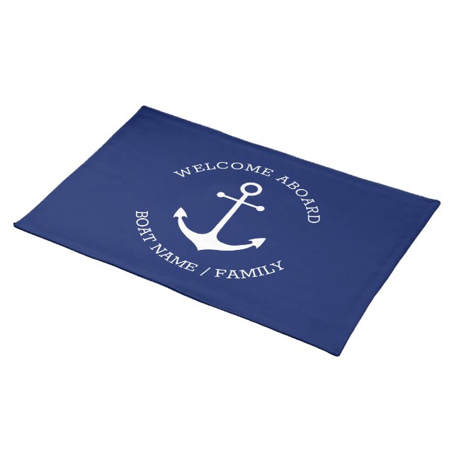 Nautical anchor navy custom name Welcome Aboard Cloth Placemat (On Table)