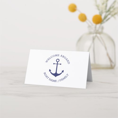 Nautical anchor navy Custom name Welcome Aboard Place Card