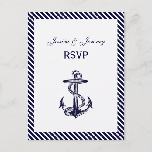 Nautical Anchor Navy Diag Stripe 2 RSVP 1 Invitation Postcard