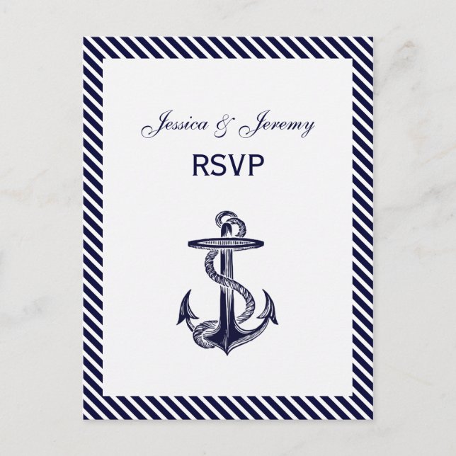 Nautical Anchor Navy Diag Stripe 2 RSVP 1 Invitation Postcard (Front)