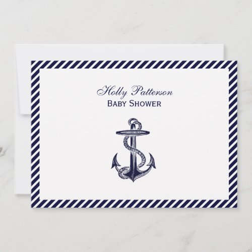 Nautical Anchor Navy Diag Stripe 2H Baby Shower Invitation