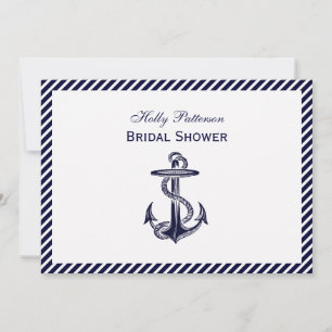 Nautical Anchor Navy Diag Stripe 2H Bridal Shower Invitation