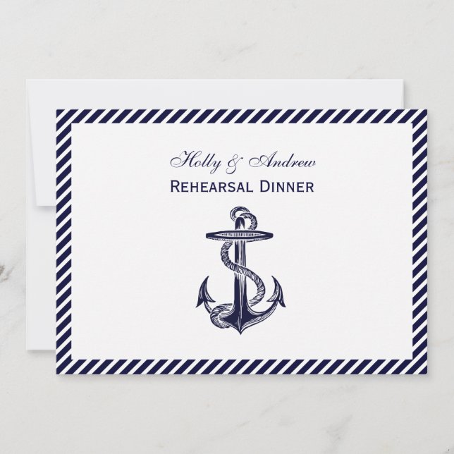 Nautical Anchor Navy Diag Stripe 2H Rehearsal Din Invitation (Front)