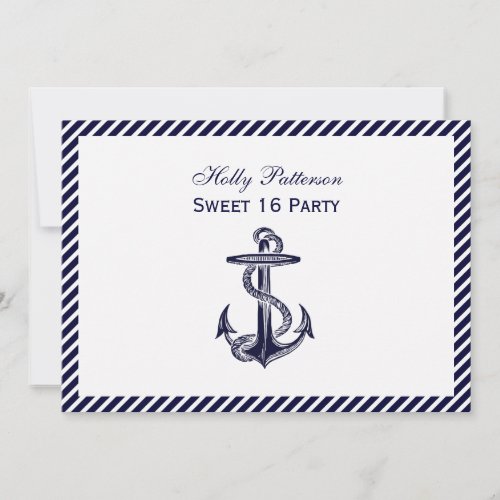 Nautical Anchor Navy Diag Stripe 2H Sweet 16 Invitation