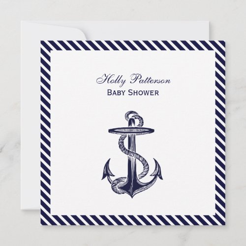 Nautical Anchor Navy Diag Stripe 2SQ Baby Shower Invitation