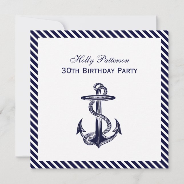 Nautical Anchor Navy Diag Stripe 2SQ Birthday Pty Invitation (Front)