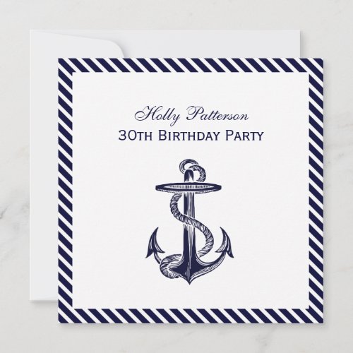 Nautical Anchor Navy Diag Stripe 2SQ Birthday Pty Invitation