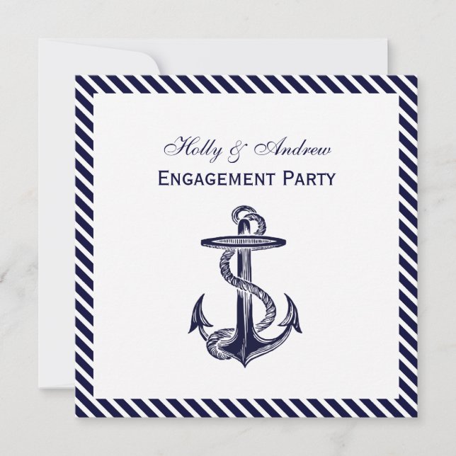 Nautical Anchor Navy Diag Stripe 2SQ Engagement Invitation (Front)