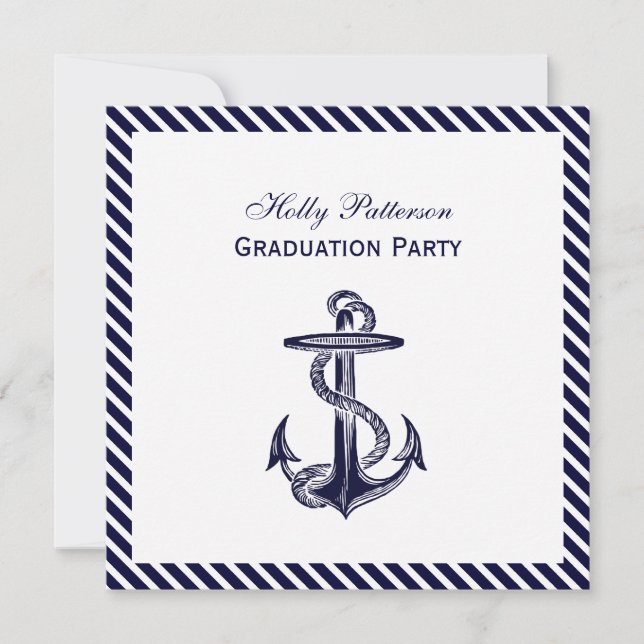 Nautical Anchor Navy Diag Stripe 2SQ Graduation Invitation (Front)