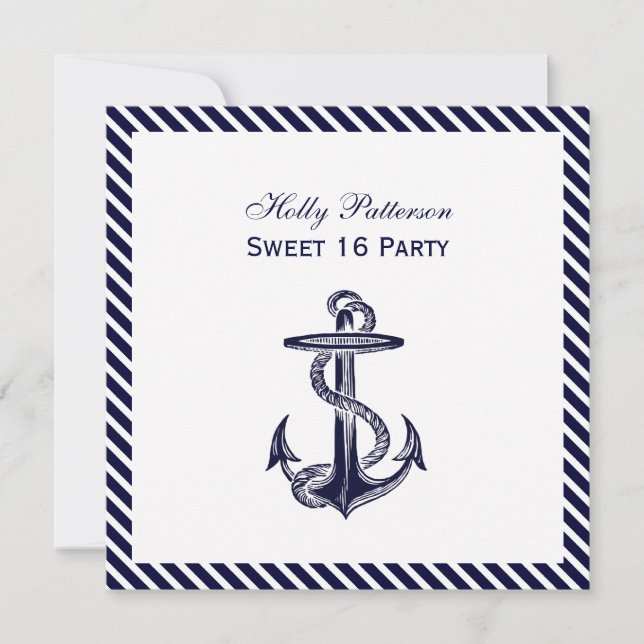 Nautical Anchor Navy Diag Stripe 2SQ Sweet 16 Invitation (Front)