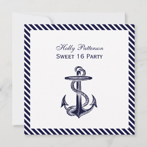 Nautical Anchor Navy Diag Stripe 2SQ Sweet 16 Invitation