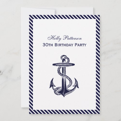 Nautical Anchor Navy Diag Stripe 2V Birthday Party Invitation