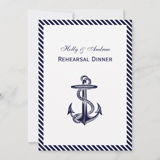 Nautical Anchor Navy Diag Stripe 2V Rehearsal Din Invitation (Front)