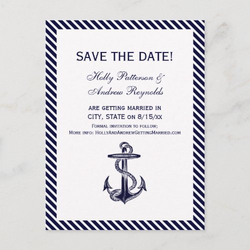 Nautical Anchor Navy Diag Stripe 2V Save the Date Announcement Postcard