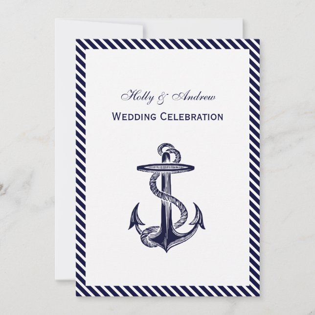 Nautical Anchor Navy Diag Stripe 2V Wedding Invitation (Front)
