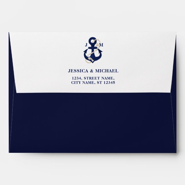 Nautical Anchor Navy Floral Rustic Beach Wedding Envelope (Back (Top Flap))