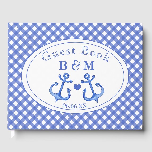 Nautical Anchor | Navy Gingham Monogram Guestbook (Front)