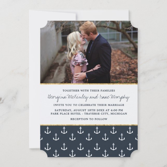 Nautical Anchor Navy & Gold Photo Wedding Invitation (Front)