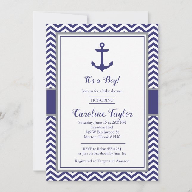 Nautical Anchor Navy Gray Baby Shower Invitation (Front)