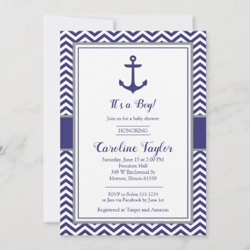 Nautical Anchor Navy Gray Baby Shower Invitation