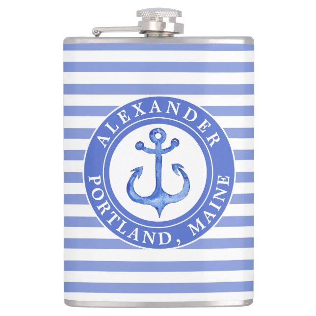 Nautical Anchor Navy Personalized Hip Flask (Front)