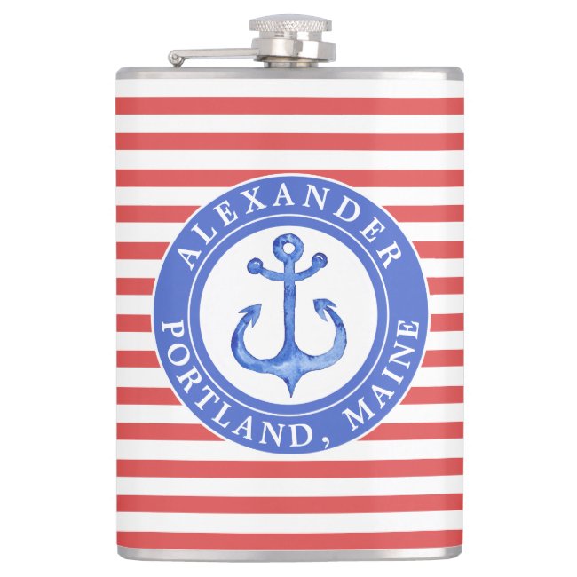 Nautical Anchor Navy Personalized Red Hip Flask
