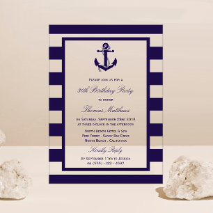 Nautical Anchor Navy Stripe Beach Birthday Party Acrylic Invitations