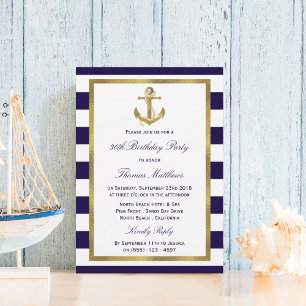 Nautical Anchor Navy Stripe Beach Birthday Party Invitation