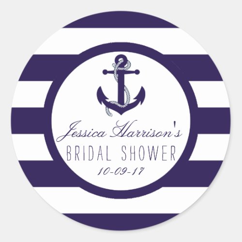 Nautical Anchor Navy Stripe Bridal Shower Favor Classic Round Sticker