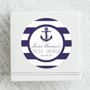 Nautical Anchor Navy Stripe Bridal Shower Favor Classic Round Sticker