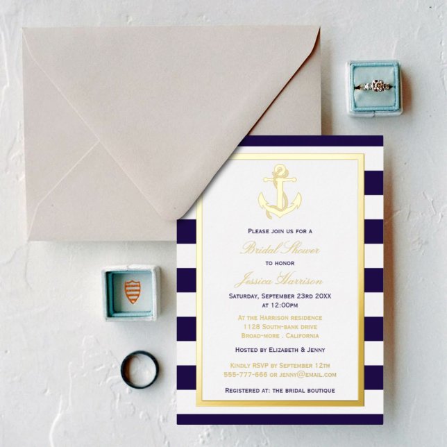 Nautical Anchor Navy Stripe Bridal Shower Real Foil Invitation (Creator Uploaded)