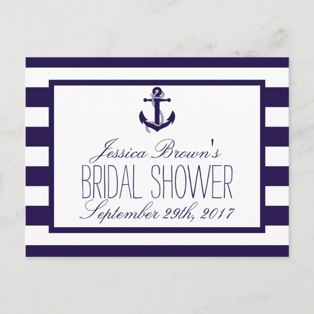 Nautical Anchor Navy Stripe Bridal Shower Recipe Invitation Postcard (Front)
