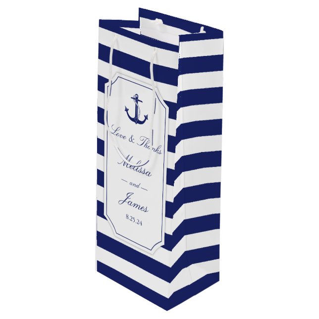 Nautical Anchor Navy Stripe Love Thanks Wedding Wine Gift Bag (Front Angled)