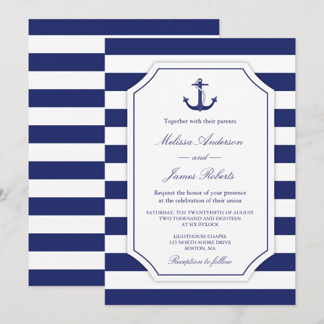 Nautical Anchor Navy Stripe Wedding Invitation (Front/Back)