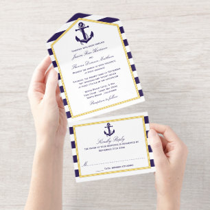 Nautical Anchor Navy Stripe Wedding Real Foil All In One Invitation