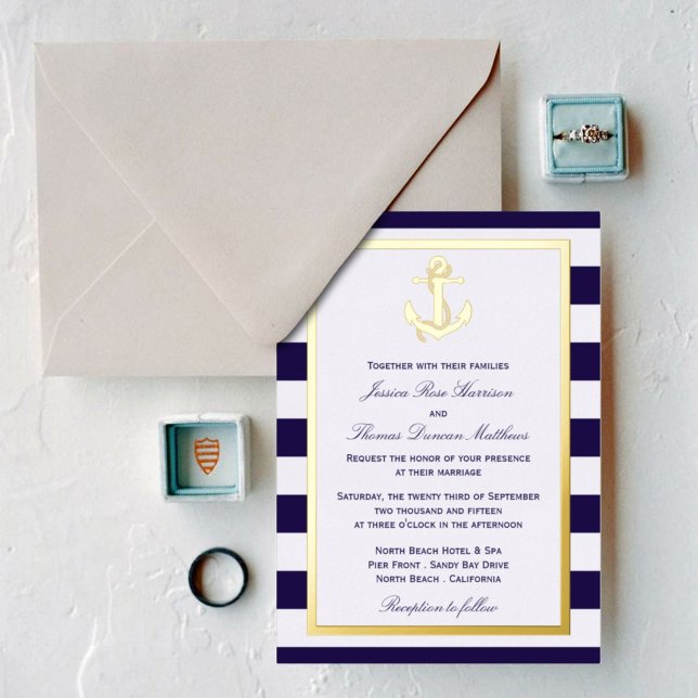 Nautical Anchor Navy Stripe Wedding Real Foil Invitation (Creator Uploaded)