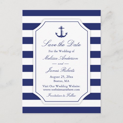 Nautical Anchor Navy Stripe Wedding Save the Date Announcement Postcard