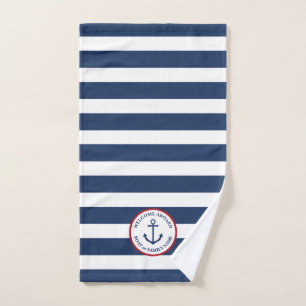 Nautical anchor navy striped hand towel