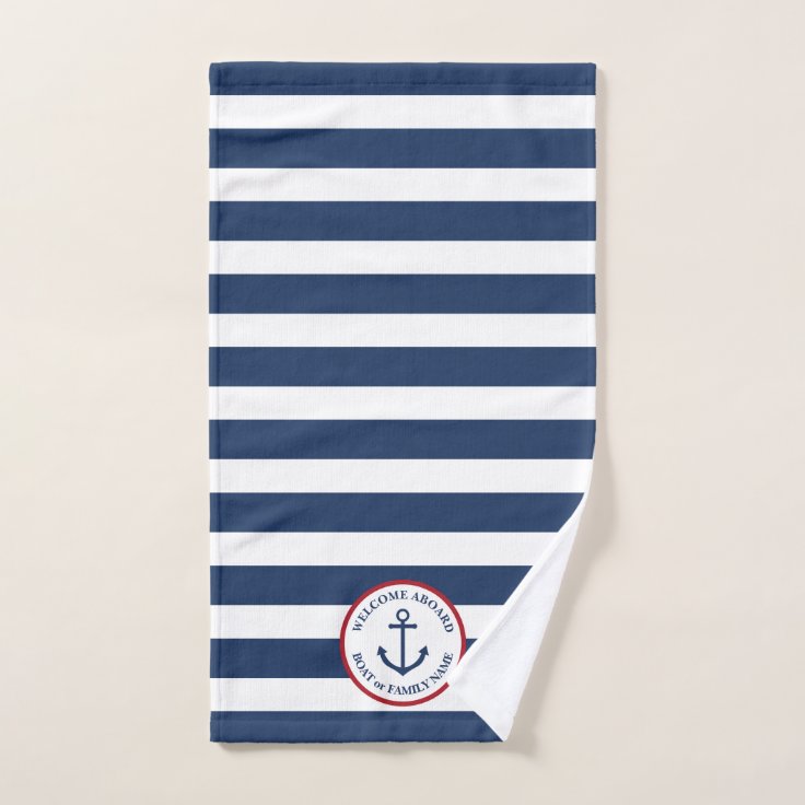 Nautical anchor navy striped hand towel | Zazzle