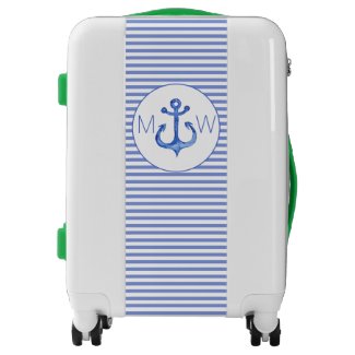 Nautical Anchor - Navy Striped Monogram Carry On Luggage