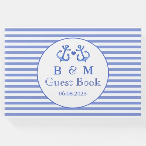 Nautical Anchor  Navy Striped Monogram Guestbook