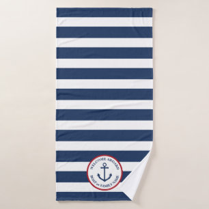 Nautical anchor navy striped personalized towel