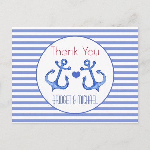 Nautical Anchor Navy Striped  Thank You Postcard