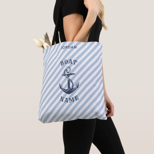 Nautical Anchor Navy Stripes Boat Name Tote Bag